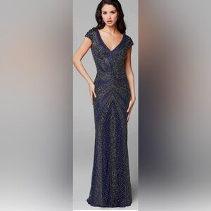 Primavera Couture 3674 - Cap Sleeve Embellished Gown color-midnight size 14